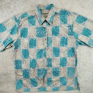 Cooke Street Honolulu Mens Large Tan Teal Hawaiian Floral Button Down Shirt USA